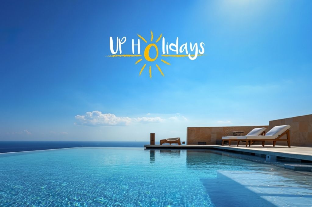 Logo UP Holidays mit gelber Sonne über einem Infinity-Pool, der scheinbar ins blaue Meer übergeht. Rechts stehen weiße Sonnenliegen. Logo UP Holidays mit gelber Sonne über einem Infinity-Pool, der scheinbar ins blaue Meer übergeht. Rechts stehen weiße Sonnenliegen.